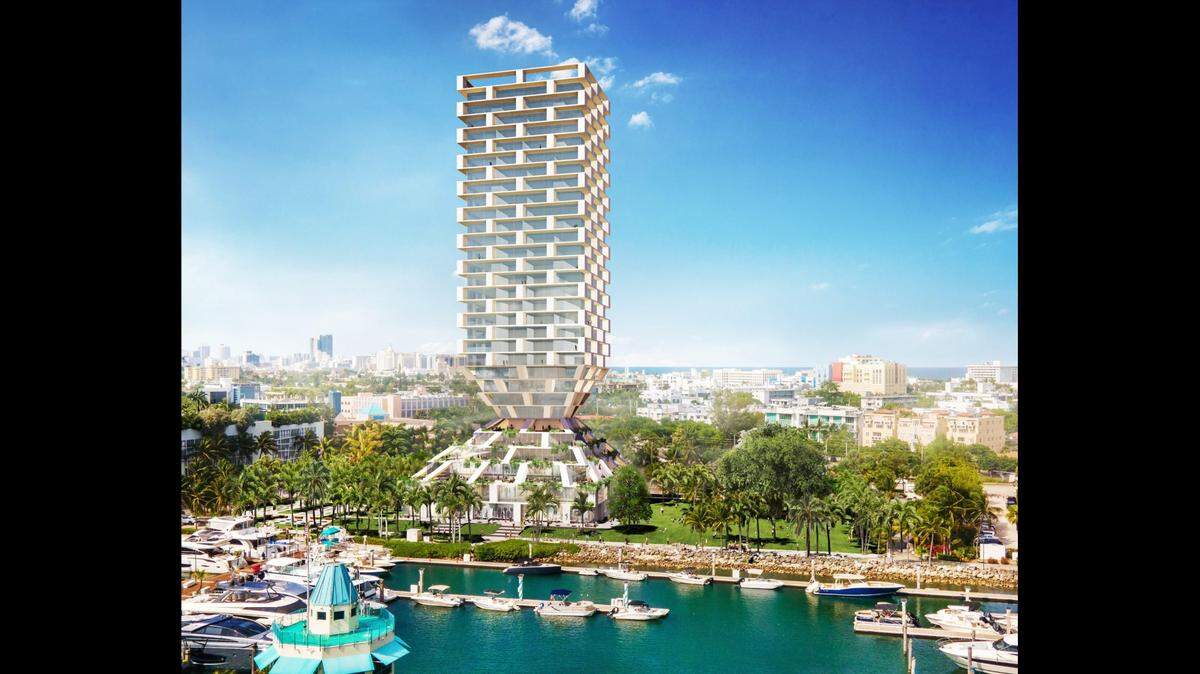 A rendering shows the proposed 275,000-square-foot high-rise building that development group Terra wants to build at the Miami Beach Marina. Voters will decide in November whether the city should approve the plan, which includes the sale of public land at the marina and the building of a new public park there.