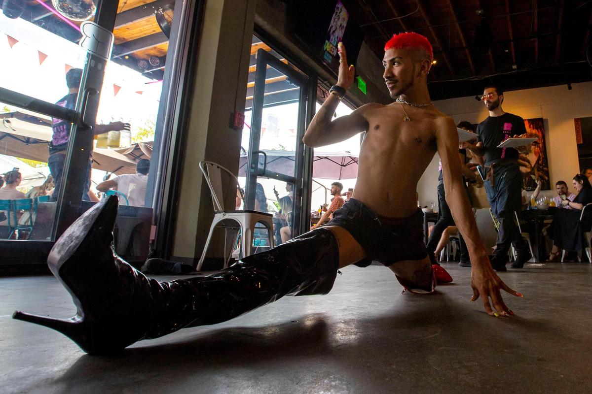 Jordy Hernandez performs for the halftime show during a drag brunch at R House Wynwood in Miami, Florida, on Saturday, April 9, 2022.