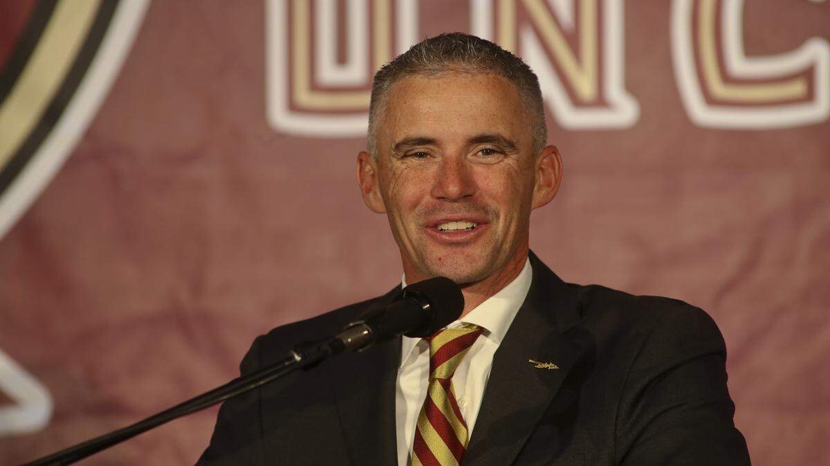 Florida State head football coach Mike Norvell speaks at a press conference Sunday, Dec. 8, 2019, in Tallahassee, Fla. Norvell is Florida State’s new coach, taking over a Seminoles program that has struggled while he was helping to build Memphis into a Group of Five power.