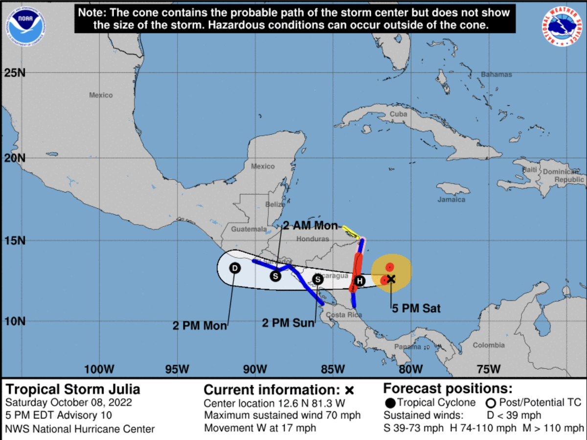 Tropical Storm Julia is forecast to turn into a hurricane soon.