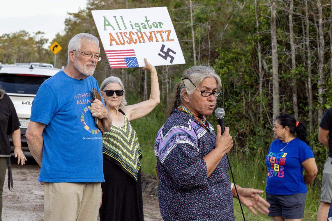Miccosukee Tribe of Indians of Florida member and activist Betty Osceola speaks to attendees during a vigil outside Alligator Alcatraz on Sunday.