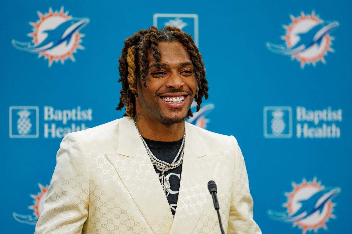 New Miami Dolphins cornerback Jalen Ramsey speaks at his introductory press conference at Baptist Health Training Complex in Hard Rock Stadium on Thursday, March 16, 2023 in Miami Gardens, Florida.