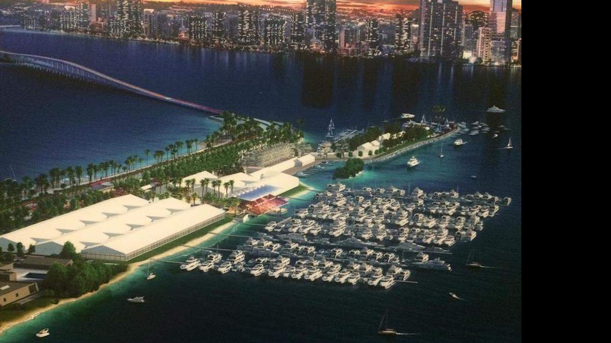 
A rendering of the 2016 Miami International Boat Show at Miami Marine Stadium. 
