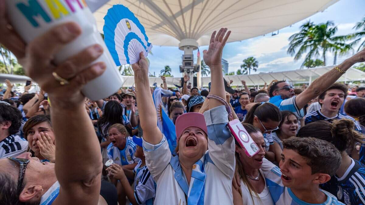 Fans celebrate at Miami Beach Bandshell in Miami Beach, Fla. on Wednesday, July 15, 2026. Argentina defeated England 2-1 in their FIFA World Cup semi-finals match in Atlanta, Ga.