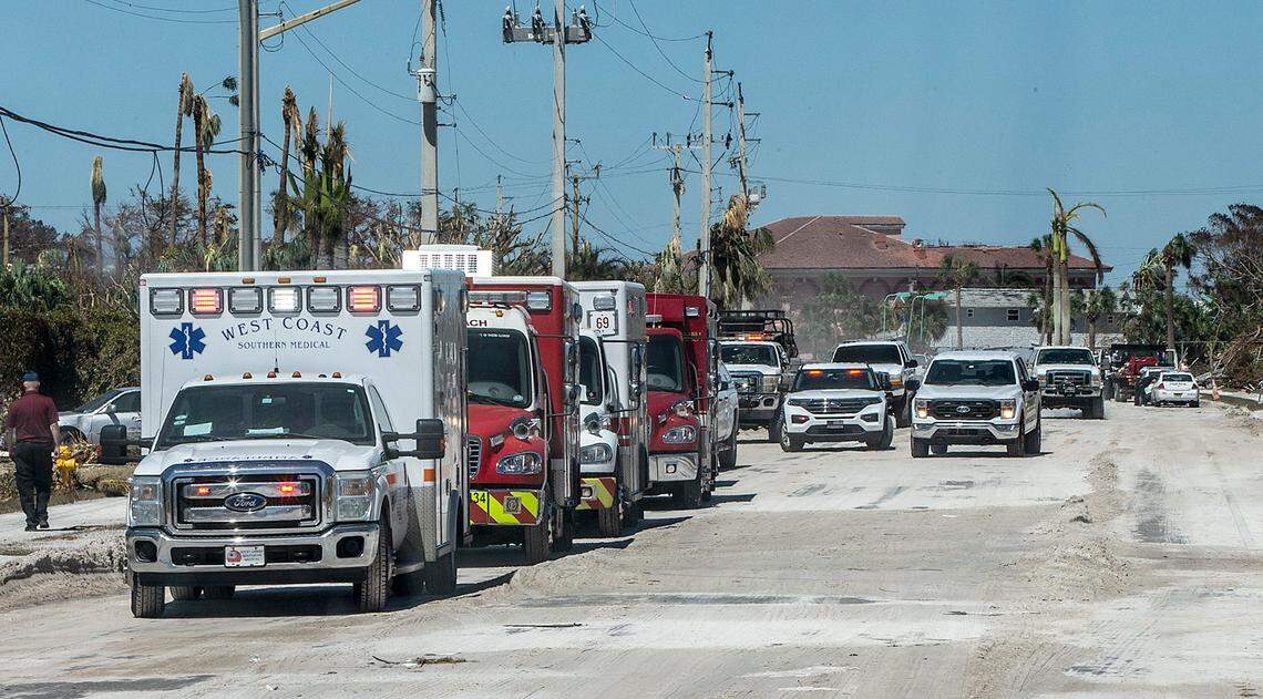 A convoy of Paramedics and Fire Rescue vehicles arrive in Fort Myers Beach two days after Hurricane Ian hit Florida’s west coast as a Category 4 storm, on Friday September 30, 2022.