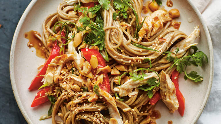 Spice up this Chicken Noodle Salad with Peanut Dressing recipe by adding fresh ginger