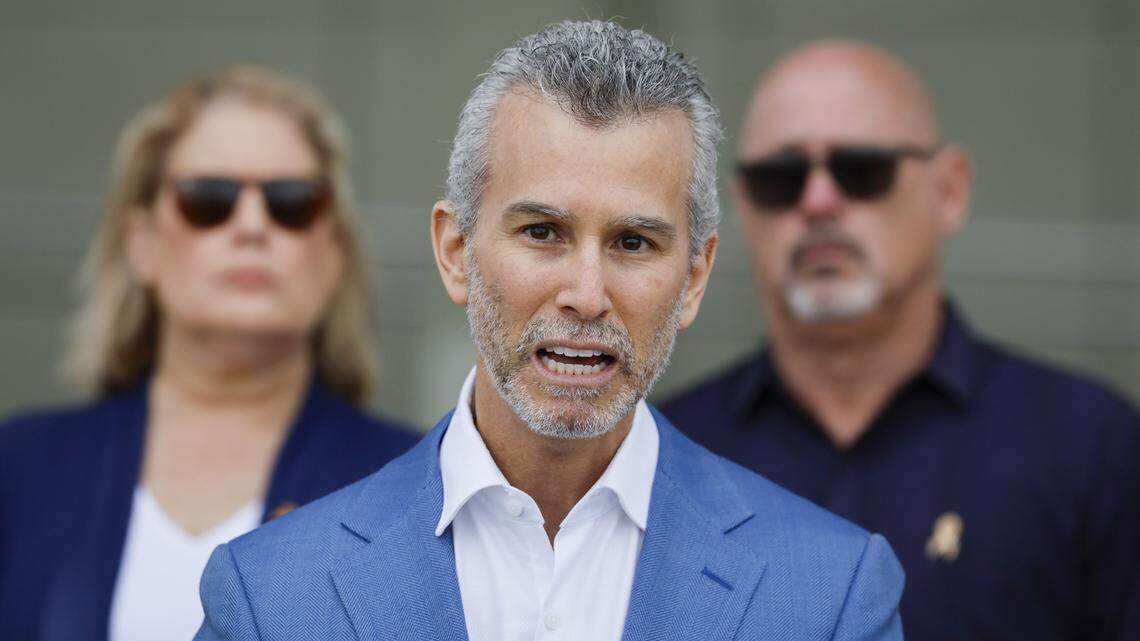 Max Schacther, father of Alex Schacter, one of the students killed during the Marjory Stoneman Douglas High School mass shooting on Feb. 14, 2028, hold a press conference at Pine Trails Park Amphitheater in Parkland, Florida on Thursday, February 5, 2026. They addressed legislation, Broward Sherriff's office and the eight years since the mass shooting occurred when 19-year-old Nikolas Cruz opened fire on students and staff.