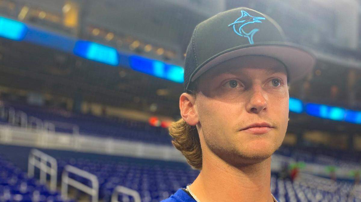 Miami Marlins right-handed pitcher Max Meyer speaks to media at loanDepot park on Friday, July 15, 2022.