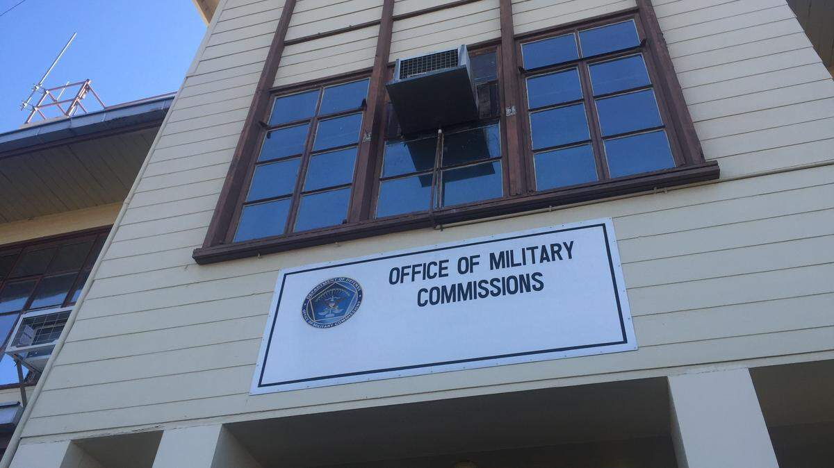 A view of the entrance to the original military commissions courthouse building at Guantánamo’s Camp Justice, where the judges now have offices.