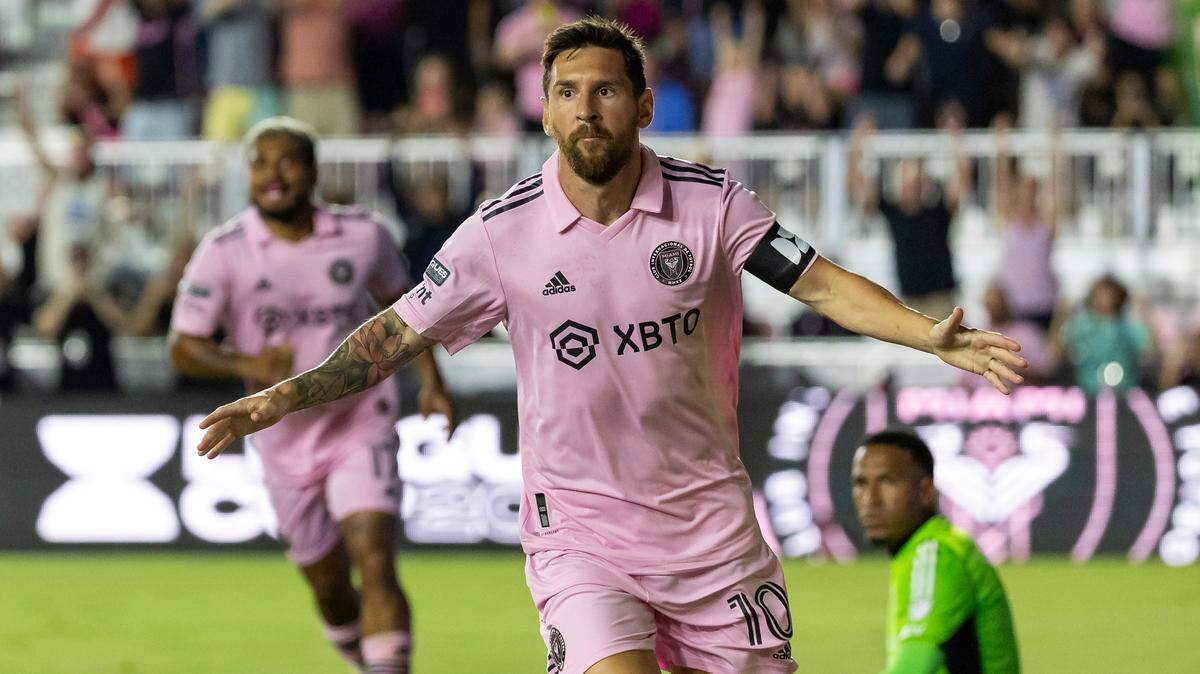 Inter Miami forward Lionel Messi (10) celebrates after scoring a goal against Orlando City in the first half of a Leagues Cup Round of 32 match at DRV PNK Stadium on Wednesday, Aug. 2, 2023, in Fort Lauderdale, Fla.