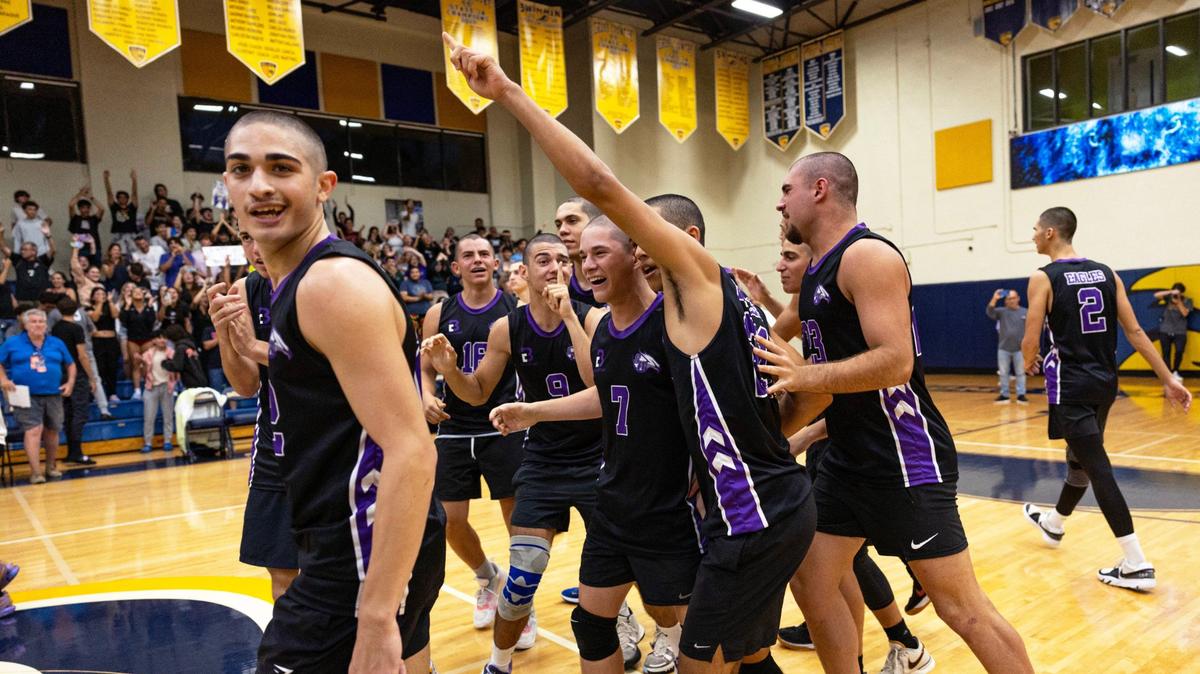 Southwest players reacts to defeating Belen during the men’s volleyball regional final on Tuesday, May 14, 2024, in Miami, Fla.