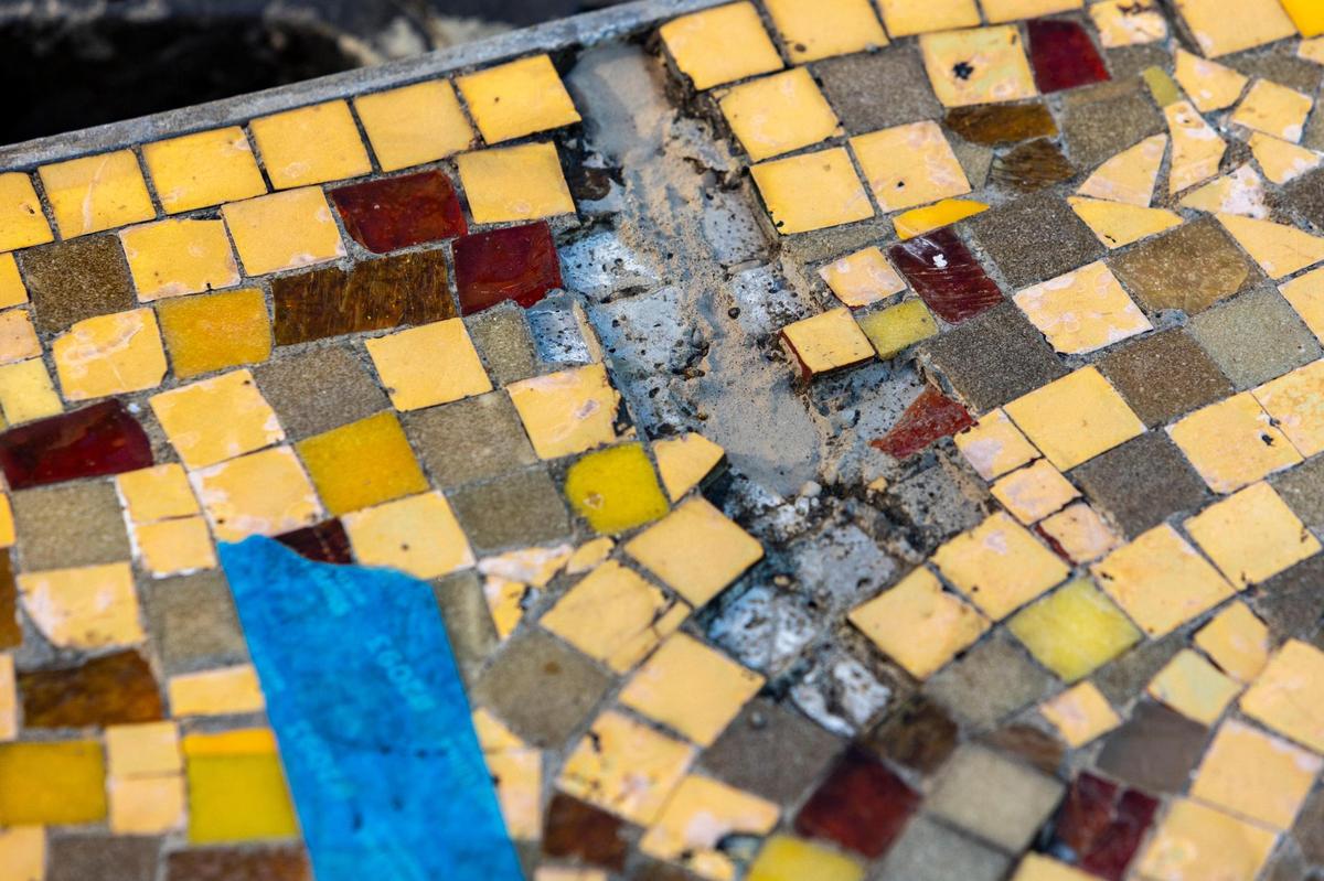 A detail of a damaged section of a 1950s mosaic mural that was rescued from destruction by Miami Beach preservationists in 2015. The mural by artist Jack Stewart depicting the Greek god Apollo, is undergoing restoration by RLA Conservation at Wynwood’s Bakehouse Art Complex and will be reinstalled at a new South Beach fire station.