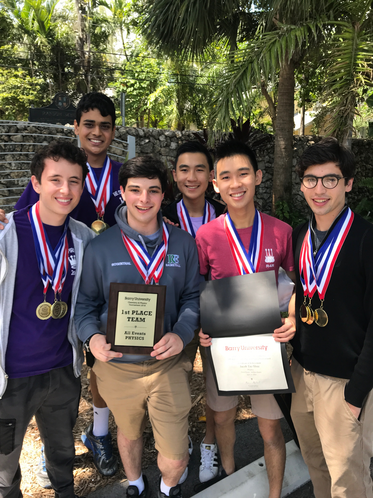 Evan Azari, Ganesh Gajavelli, Benjamin Rosenthal, Harry Sanchez, Jacob Tie-Shue and Ryan Tie-Shue of Ransom Everglades School’s physics team placed first in the 17th annual Chemistry and Physics Tournament held at Barry University.