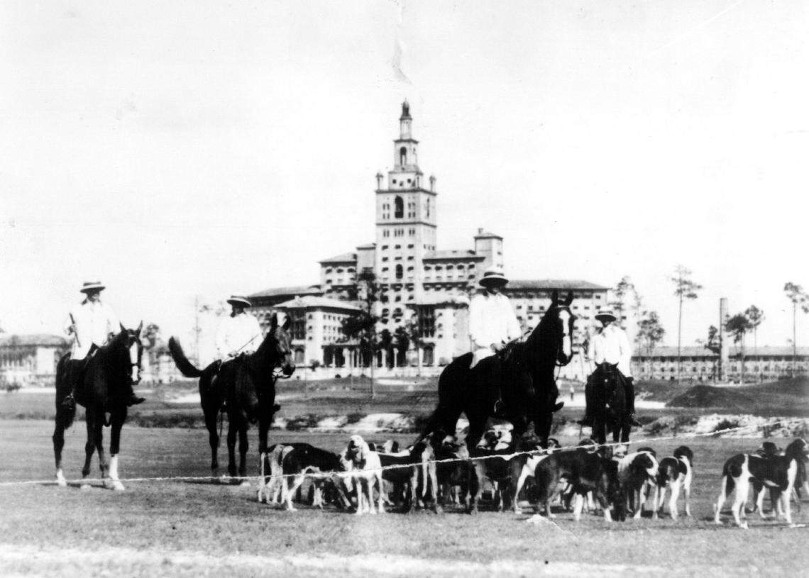 The hounds and the hunters are ready for the foxes t the Biltmore Hotel in Coral Gables during the 1920s. The foxes, imported from Europe for the hunts, became permanent residents of the Gables and were often spotted in cemeteries and other less-populated areas.