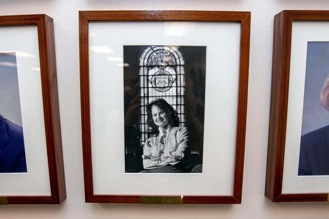 A portrait of former Temple Israel president Norma A. Orovitz is displayed in a boardroom at Temple Israel of Greater Miami.
