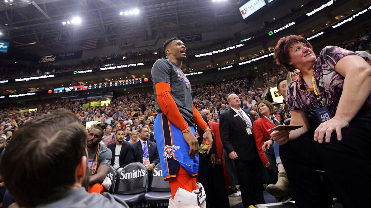 Oklahoma City Thunder’s Russell Westbrook gets into a heated verbal altercation with fans in the first half of an NBA basketball game against the Utah Jazz, Monday, March 11, 2019, in Salt Lake City.