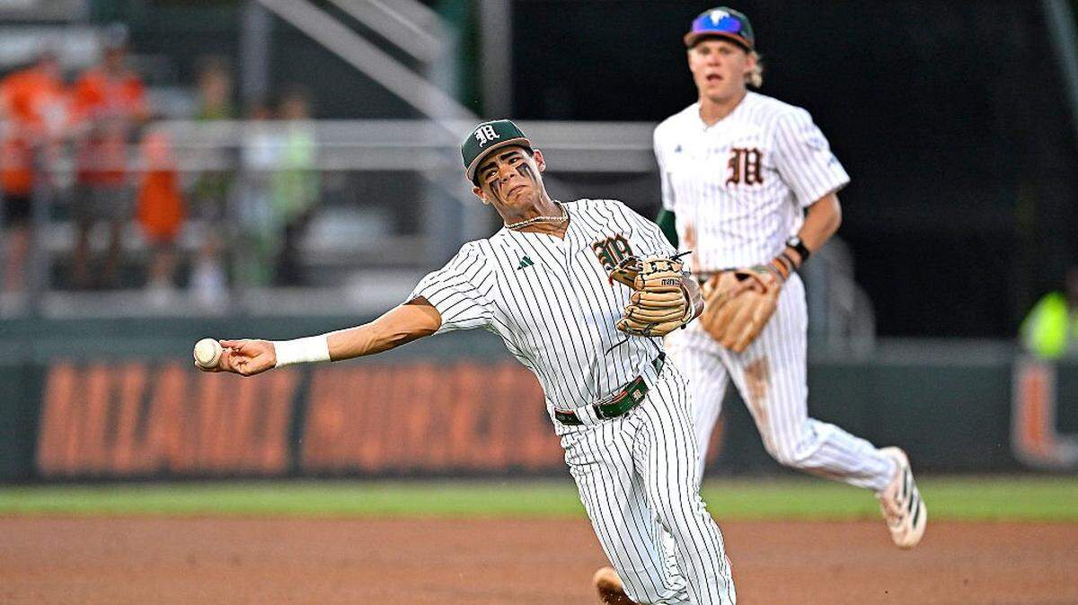 CORAL GABLES - MAY 08:  Miami infielder Gabriel Milano (40) throws to first base in the fourth inning as the Miami Hurricanes faced the Louisville Cardinals on May 8, 2026, at Mark Light Field at Alex Rodriguez Park in Coral Gables, FL. (Photo by Samuel Lewis/Icon Sportswire via Getty Images)
