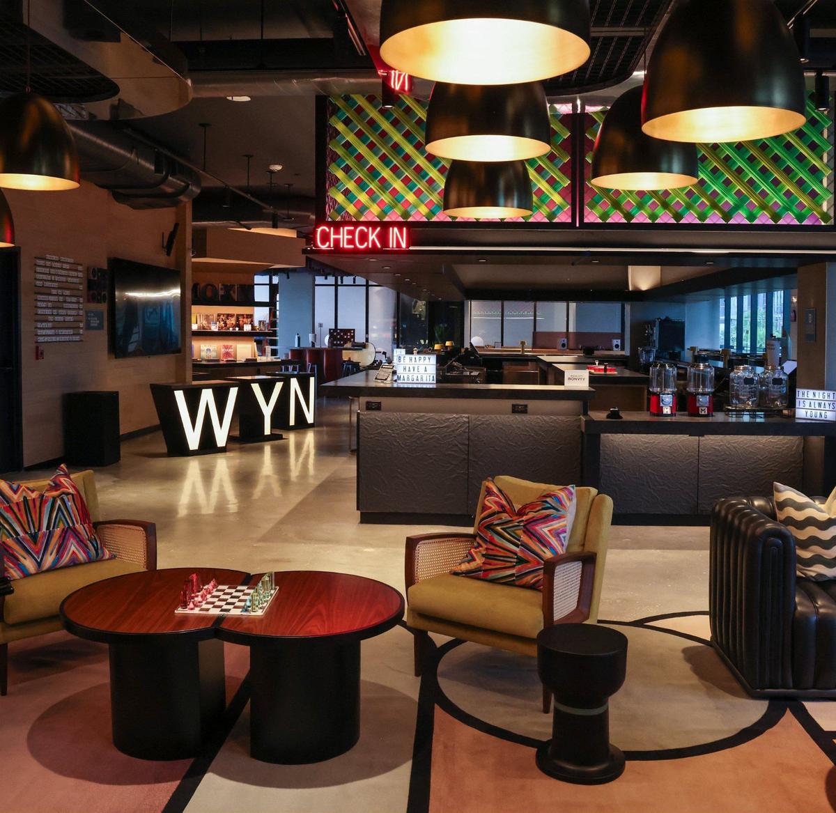 Moxy Miami Wynwood Hotel is close to opening its new location in the trendy Wynwood Art District. The hotel features a second-level bar that doubles as a Check-In desk, stylish communal spaces, and innovative touches that create a fun and contemporary ambiance on Monday, July 29, 2024, in Miami, Florida.