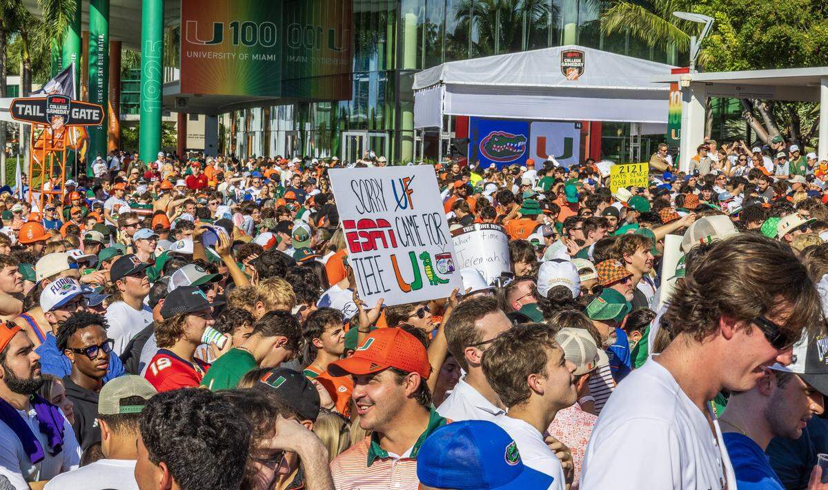 University of Miami Hurricanes fans gathered by the hundreds in Coral Gables during the ESPN's College GameDay.