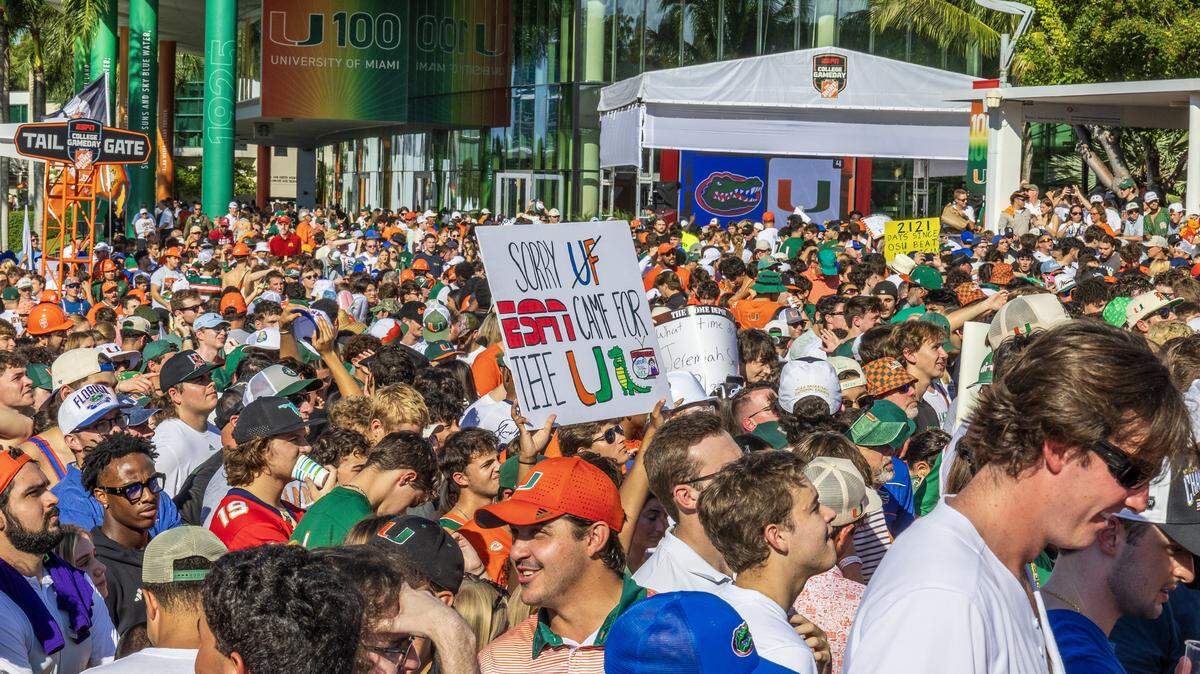University of Miami Hurricanes fans gathered in Coral Gables during the ESPN's College GameDay, live broadcasting, celebrating the Hurricanes ahead of their game against the Florida Gators, on Saturday September 20, 2025.