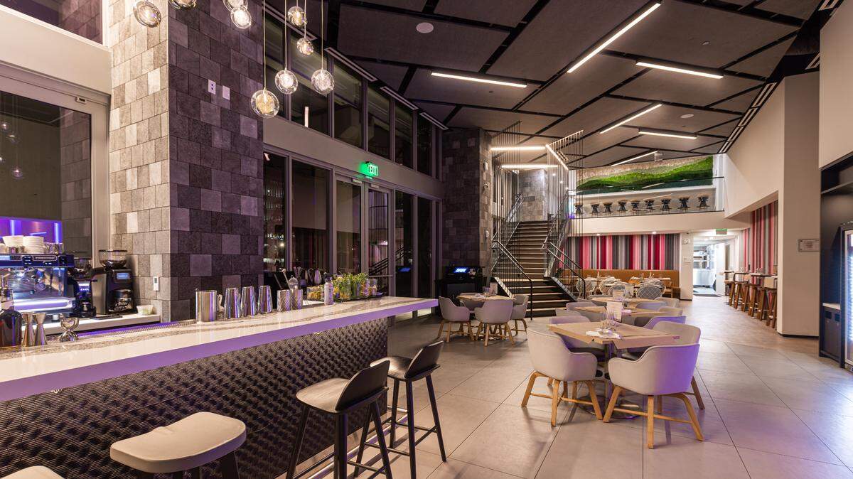 The bar and dining area at the new Mazeh Middle Eastern restaurant in downtown Miami.