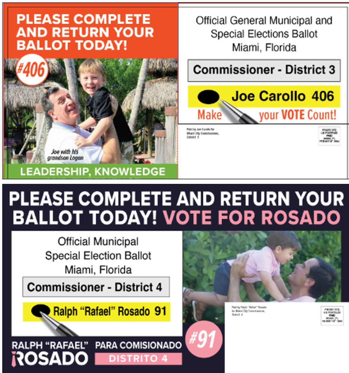 At the top is a mailer designed by Joe Carollo as part of his 2021 reelection campaign. At the bottom is a mailer paid for by Ralph Rosado’s 2025 campaign. Joe Carollo said he designed the Rosado mailer, which he said was heavily inspired by his 2021 mailer.