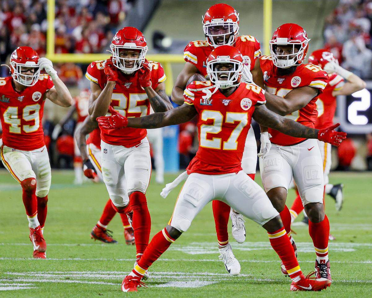 Kansas City Chiefs defensive back Rashad Fenton (27) celebrates after a turnover against the San Francisco 49ers during the second half of Super Bowl 54 at Hard Rock Stadium in Miami Gardens, Florida on Sunday, February 2, 2020.