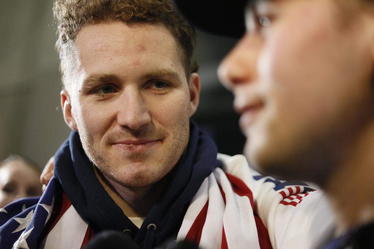 Matthew Tkachuk of the United States men’s hockey team arrives with teammates at E11EVEN Miami during a gold medal celebration on Monday, Feb. 23, 2026, in Miami, after returning from Milan following their victory over Canada at the 2026 Winter Olympics in Milan-Cortina, Italy.