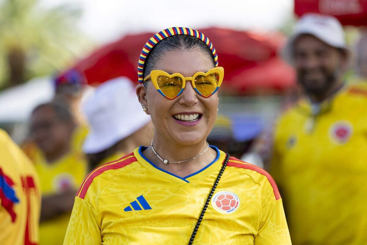 Colombia fan Luna Velez arrives to watch her team play against Portugal in their World Cup Group K soccer match at Hard Rock Stadium (Miami Stadium) on Saturday, June 27, 2026, in Miami Gardens, Fla.