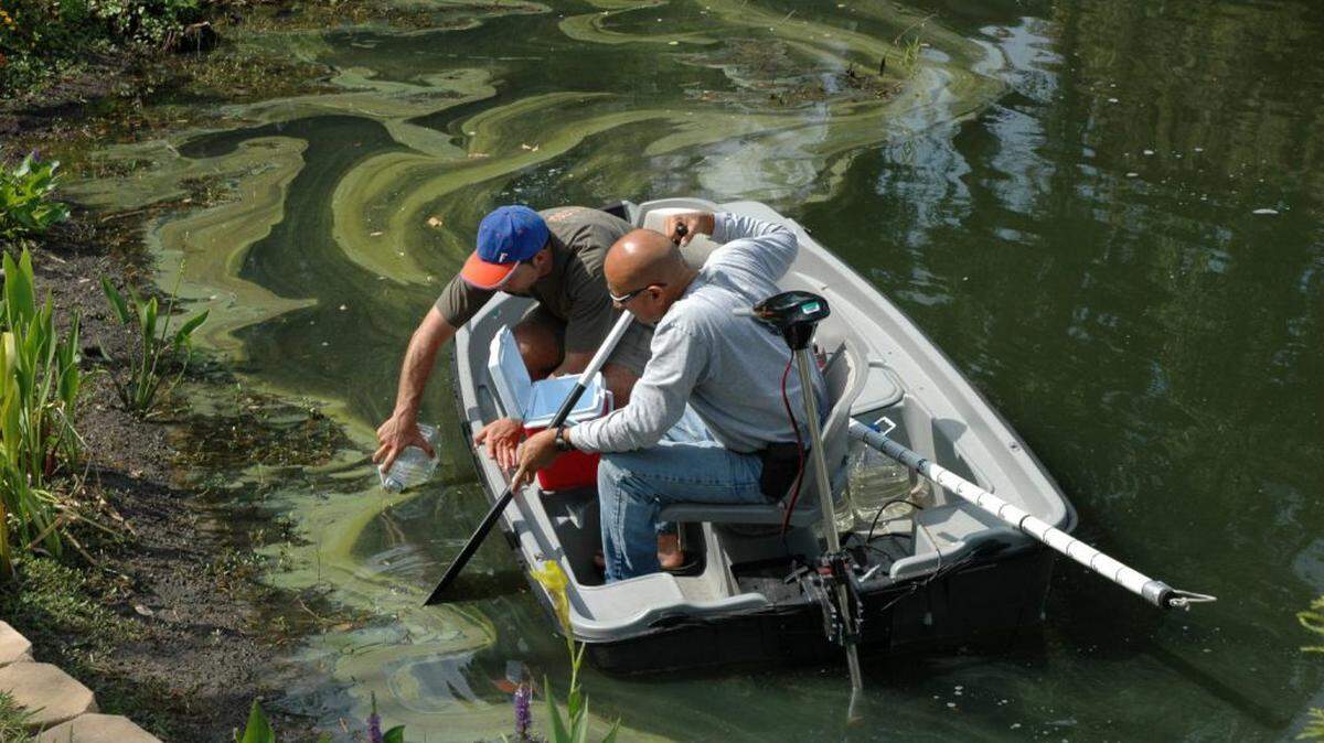 UF Institute of Food and Agricultural Sciences researchers test algae-infested waters in Hillsborough County. More than 100 local governments in Florida have implemented landscape fertilizer bans in an effort to keep nutrients from fouling local waterways.