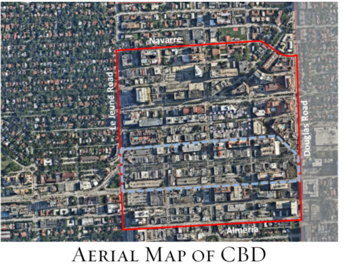 This map shows the boundaries of Coral Gable’s central business district.
