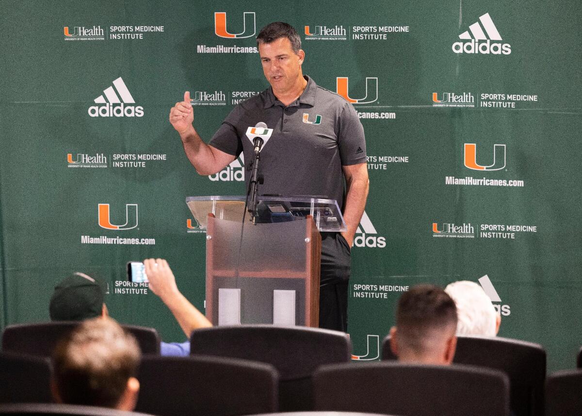 Head Coach Mario Cristobal speaks during a press conference discussing player availability and the upcoming first game of the season this weekend for the University of Miami Hurricanes football team on Monday, Aug. 29, 2022, at the Schwartz Center for Athletic Excellence.