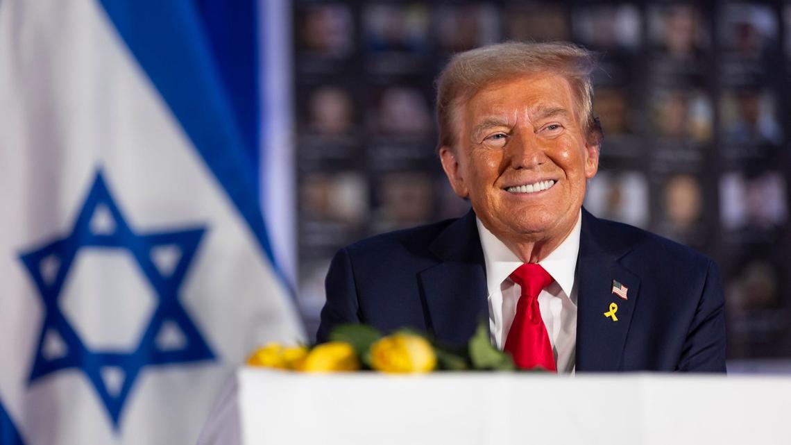 Republican presidential candidate and former President Donald Trump reacts during a remembrance event at Trump National Doral Miami on Monday, Oct. 7, 2024, in Doral, Fla. The event honored the victims who lost their lives or were kidnapped in the Oct. 7 attacks in Israel by Hamas last year.