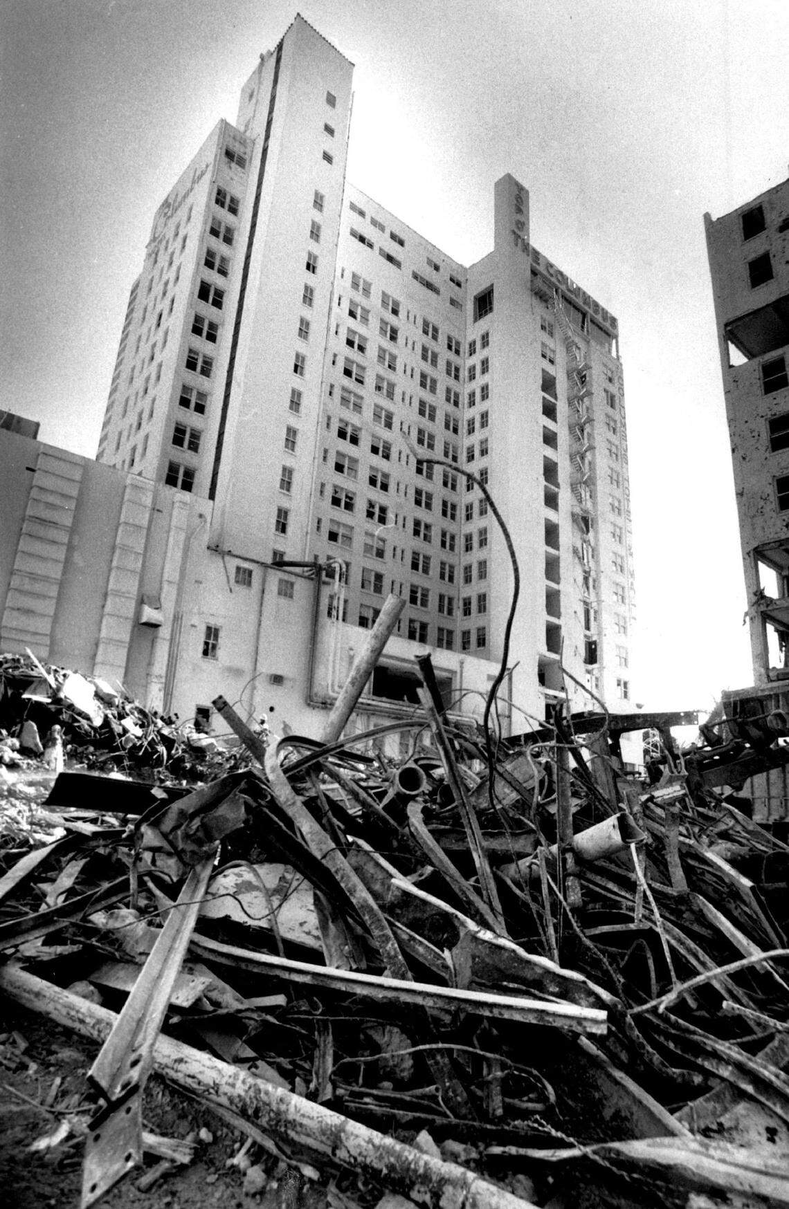 Rubble of the McAllister next to the Columbus in downtown Miami in 1988, when both buildings were demolished.