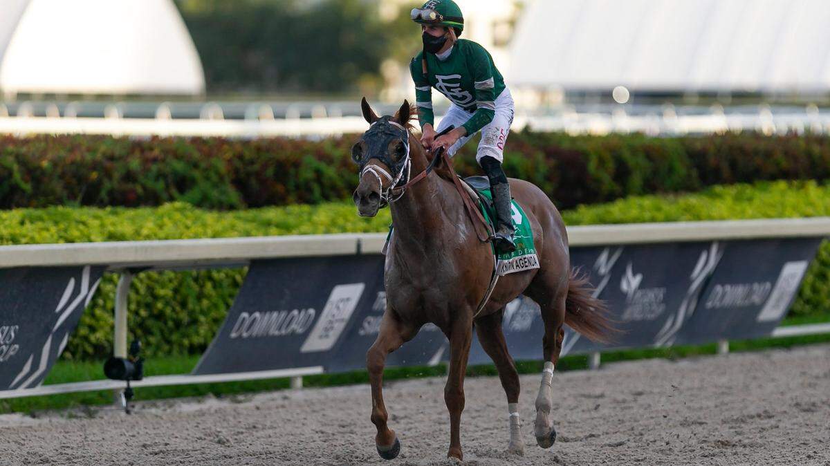 Irad Ortiz Jr. makes his way to the winner’s circle after placing first in the 69th running of the Florida Derby with ‘Known Agenda’ #5 at Gulfstream Park on March 27, 2021, in Hallandale Beach, Florida.