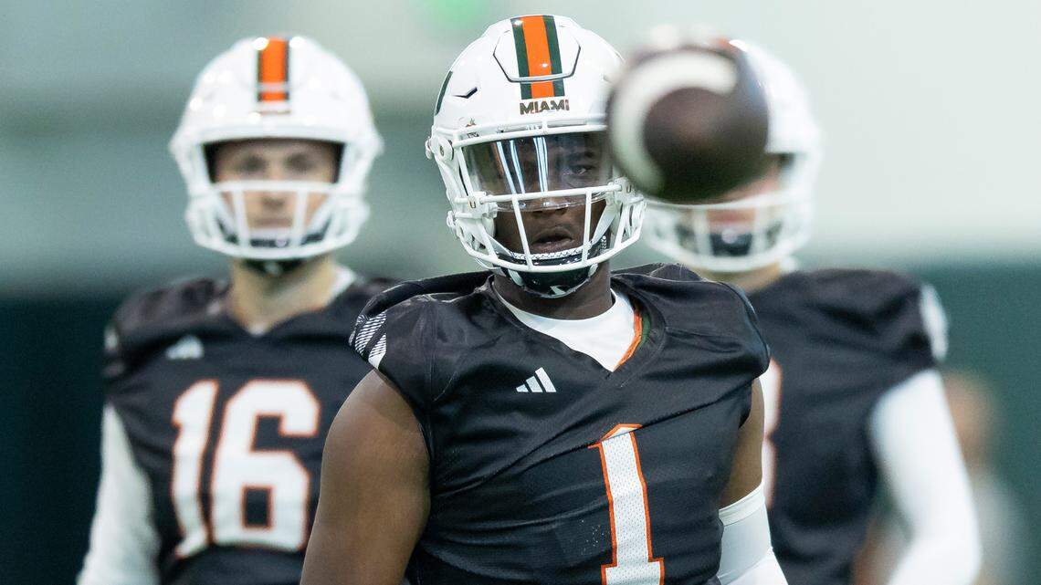 Miami Hurricanes position name (number) action during practice at the Carol Soffer Indoor Practice Facility at the University of Miami on Monday, March 4, 2023 in Coral Gables, Fla.