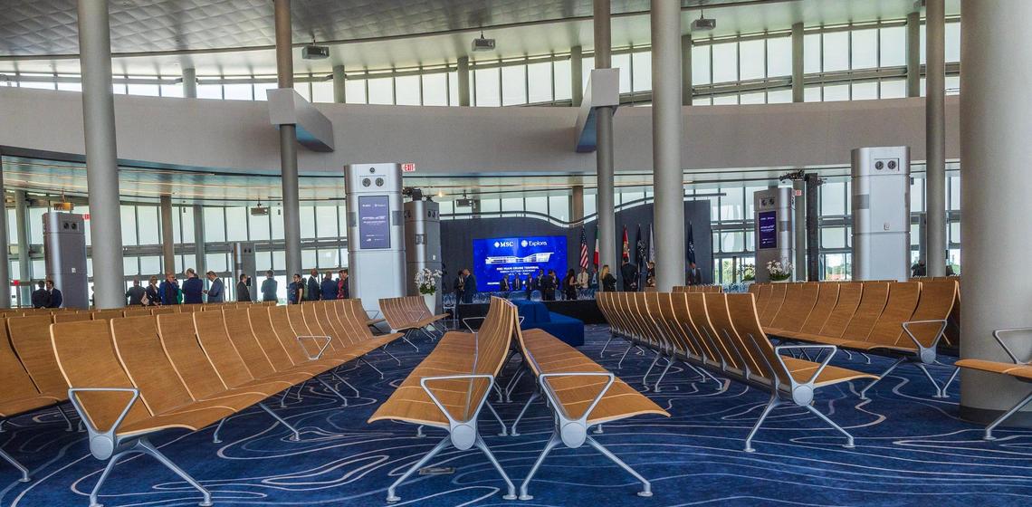 Interior view of the new MSC Cruises’ Terminal AA, designed by Miami’s Architecture Studio Arquitectonica, at PortMiami, which is the world’s largest cruise terminal, capable of accommodating three ships simultaneously and processing up to 36,000 guests daily, on Saturday April 05, 2025.