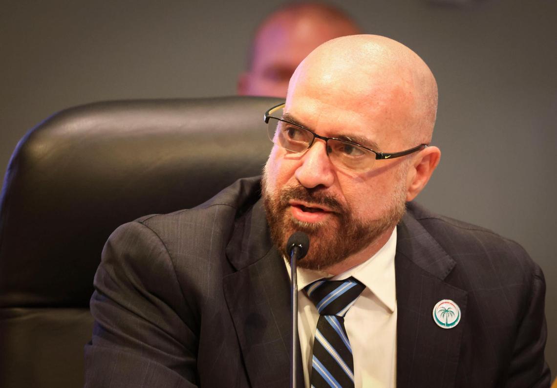 Commissioner Damian Pardo speaks during a special meeting on Thursday, April 17, 2025, at Miami City Hall in Coconut Grove.