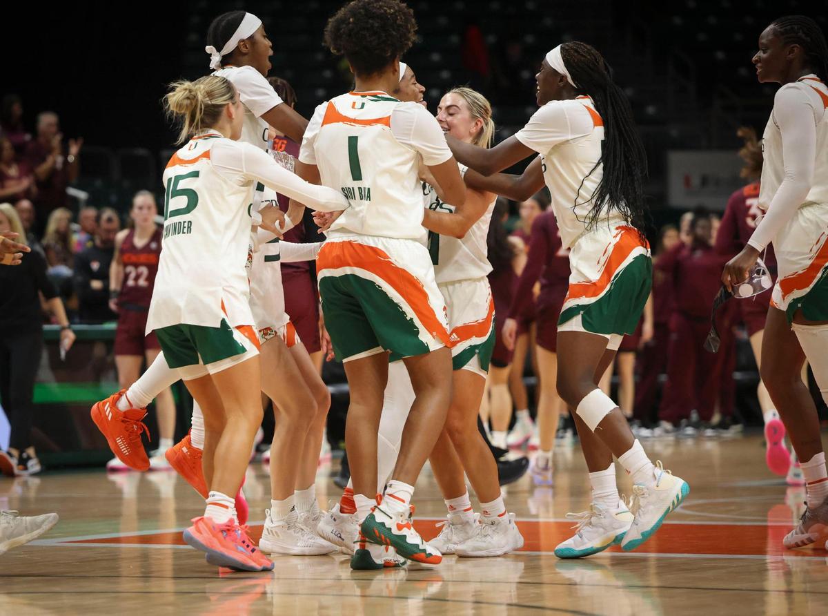 The Hurricanes celebrate after winning an NCAA game 77-66 against Virginia Tech on Sunday, Jan. 8, 2023, at Watsco Center in Coral Gables.
