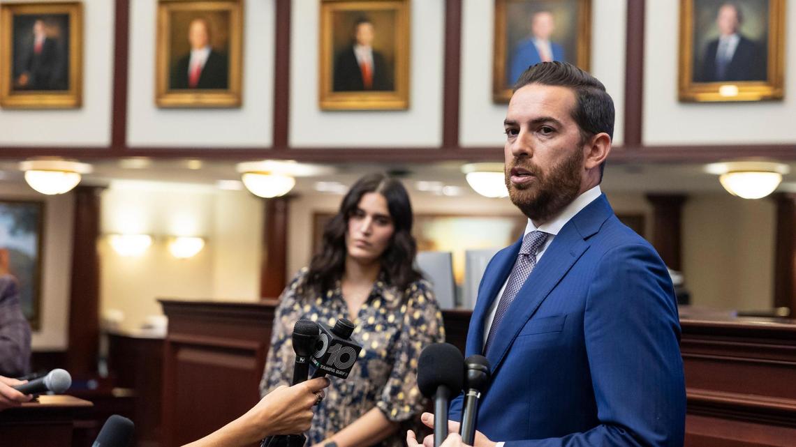 Florida House Speaker Daniel Perez, R-Miami, speaks with the media during the first day of the legislative session at the Florida State Capitol on Tuesday, March 4, 2025, in Tallahassee, Fla.