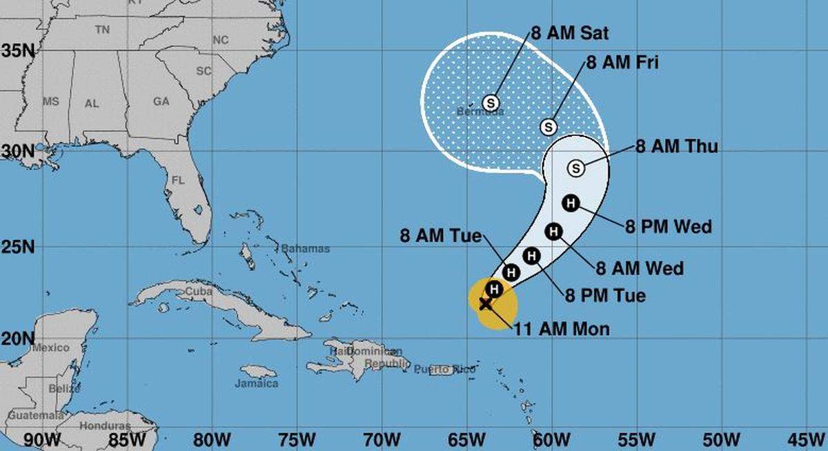 The projected path of Hurricane Tammy as of 11 a.m. Oct. 23.