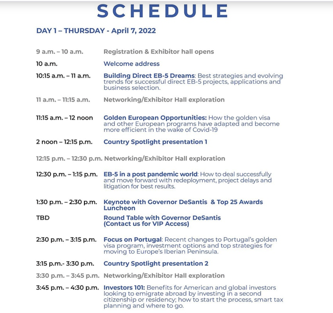 This screenshot of the schedule for the first day of the conference shows “Keynote with Gov. Ron DeSantis & Top 25 Luncheon” for Thursday, April 7, followed by a VIP roundtable with the governor. The screenshot was made early Thursday, March 24, the schedule was later modified&nbsp;and DeSantis’ appearance&nbsp;was removed.&nbsp;