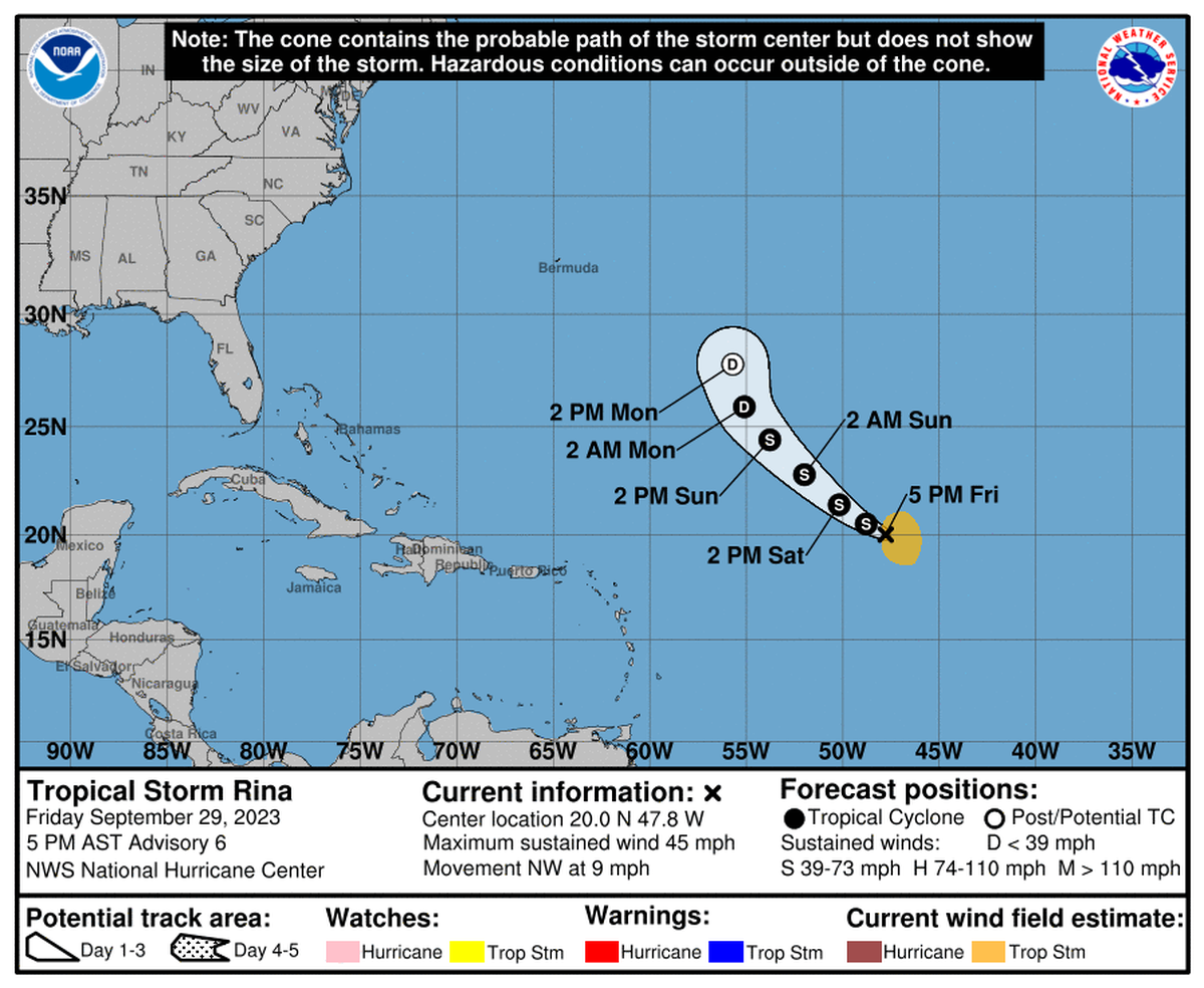 Forecast map for Tropical Storm Rina on Friday, Sept. 29, 2023.