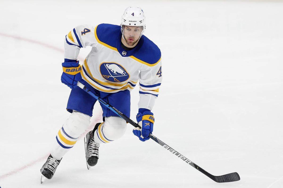 FILE - In this Saturday, March 27, 2021 file photo, Buffalo Sabres’ Taylor Hall plays against the Boston Bruins during the second period of an NHL hockey game, in Boston. The Buffalo Sabres could trade 2018 MVP Hall, who signed for just this season and is a pending free agent. (AP Photo/Michael Dwyer, File)