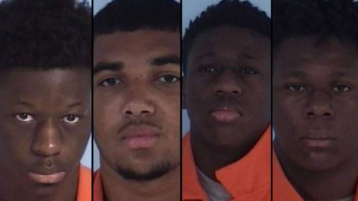 Four juveniles from the Walton Academy for Growth and Change in Florida’s DeFuniak Springs were arrested and charged on July 6, 2018, with lewd and lascivious battery to a victim 12 to 16 years old and false imprisonment. An employee at the facility, Antoine Davis, was arrested on July 12, charged in the assault. Pictured, from left: Berkley Bell, 17; Brian Burton, 17; DeQuan Myers, 17; and Walter Harvey, 16.