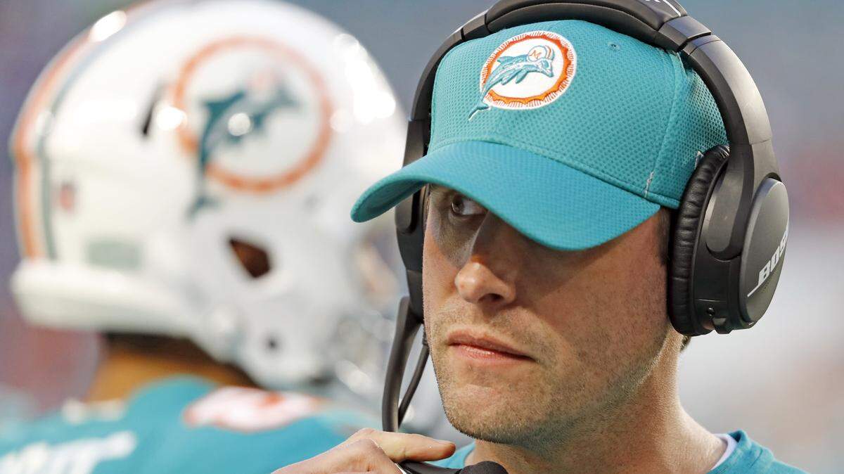 Miami Dolphins head coach Adam Gase on the sidelines as the Miami Dolphins host the Buffalo Bills at Hard Rock Stadium on Sunday, December 31, 2017.