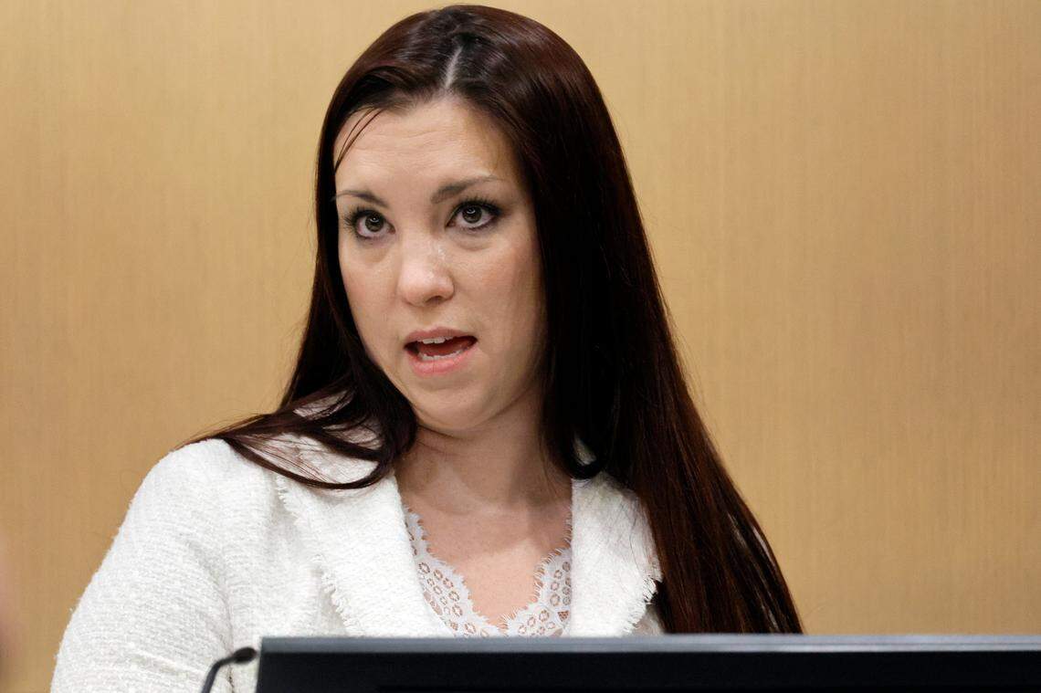 Assistant State Attorney Kristine Bradley testifies in a hearing in the trial of Jamell Demons, better known as rapper YNW Melly, at the Broward County Courthouse in Fort Lauderdale on Friday, Oct. 6, 2023. Bradley is the lead prosecutor in Melly’s murder trial. (Amy Beth Bennett / South Florida Sun Sentinel)