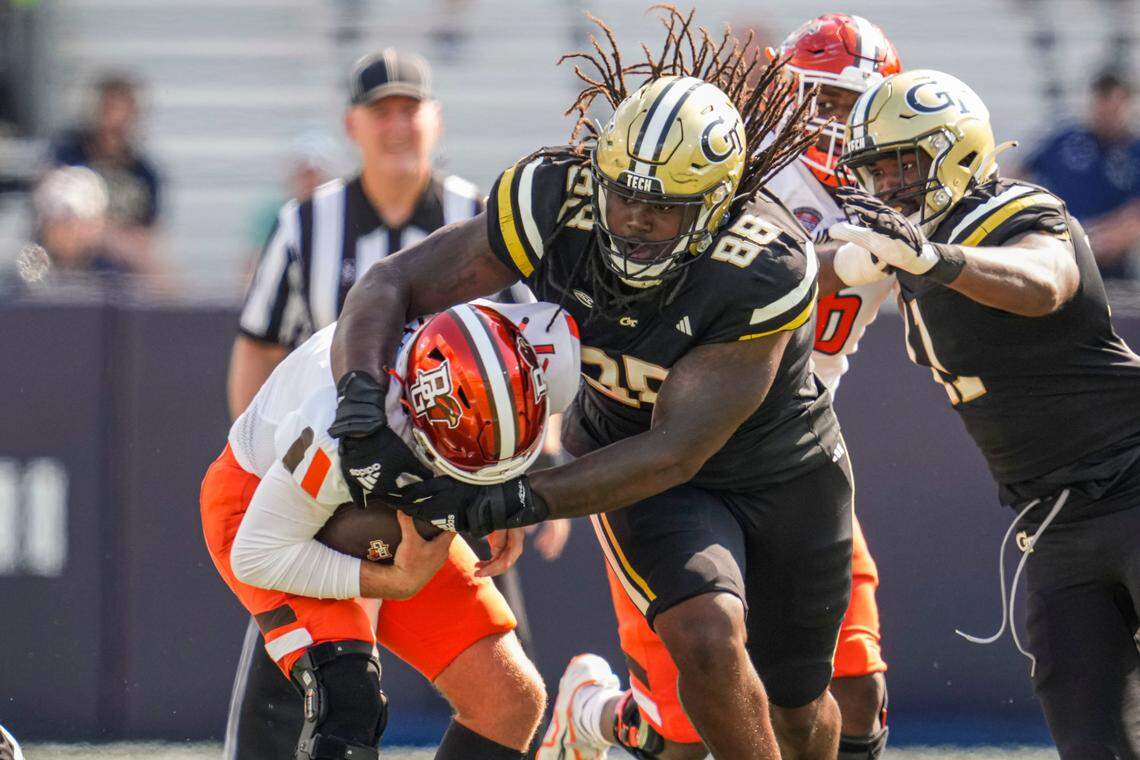 Sep 30, 2023; Atlanta, Georgia, USA; Georgia Tech Yellow Jackets defensive lineman Zeek Biggers (88) tries to sack Bowling Green Falcons quarterback quarterback Connor Bazelak (7) during the first half at Hyundai Field.
