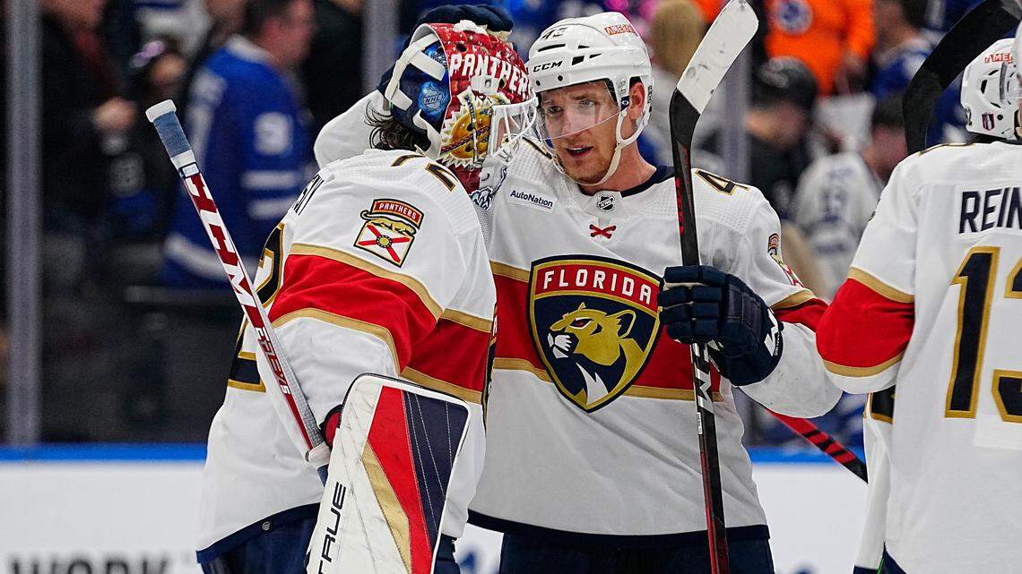 May 4, 2023; Toronto, Ontario, CANADA; Florida Panthers defenseman Gustav Forsling (42) congratulates goaltender Sergei Bobrovsky (72) after a win over the Toronto Maple Leafs in game two of the second round of the 2023 Stanley Cup Playoffs at Scotiabank Arena. Mandatory Credit: John E. Sokolowski-USA TODAY Sports