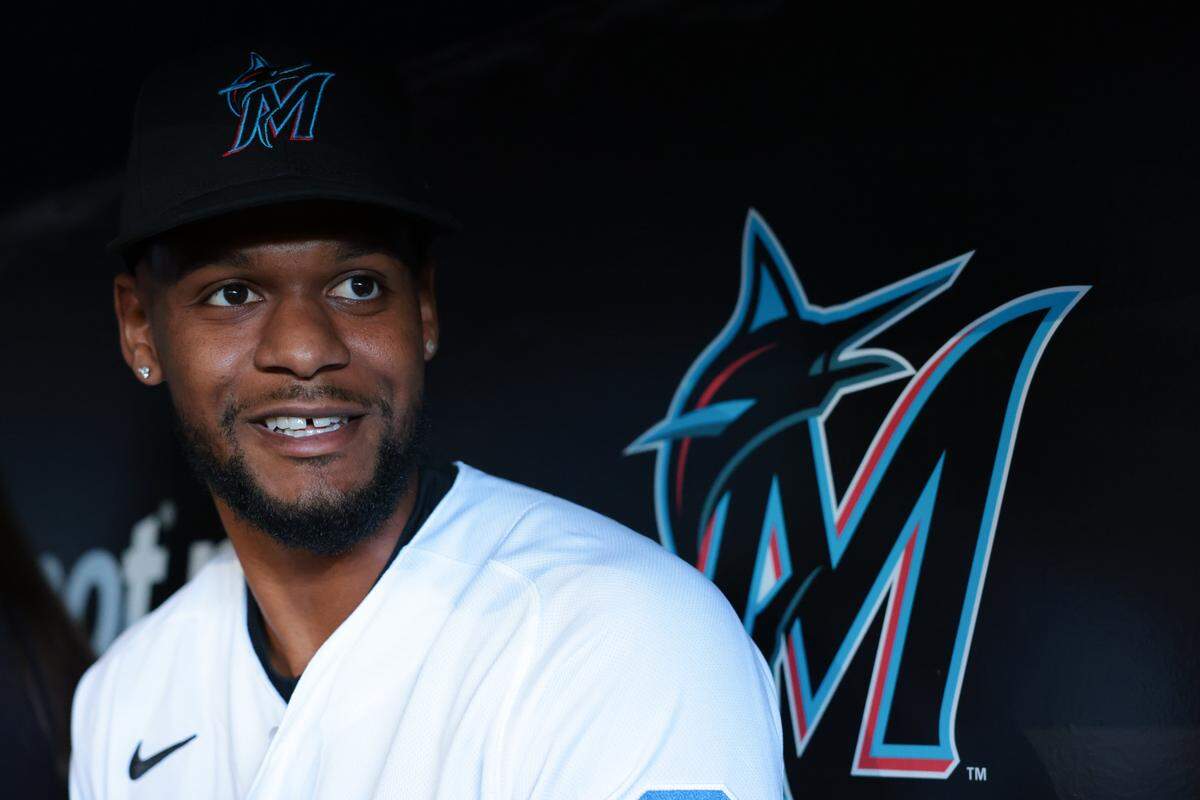 Miami Marlins second baseman Otto Lopez (6) speaks to reporters during media day at loanDepot park on Friday, Feb. 6, 2026, in Miami, Fla.
